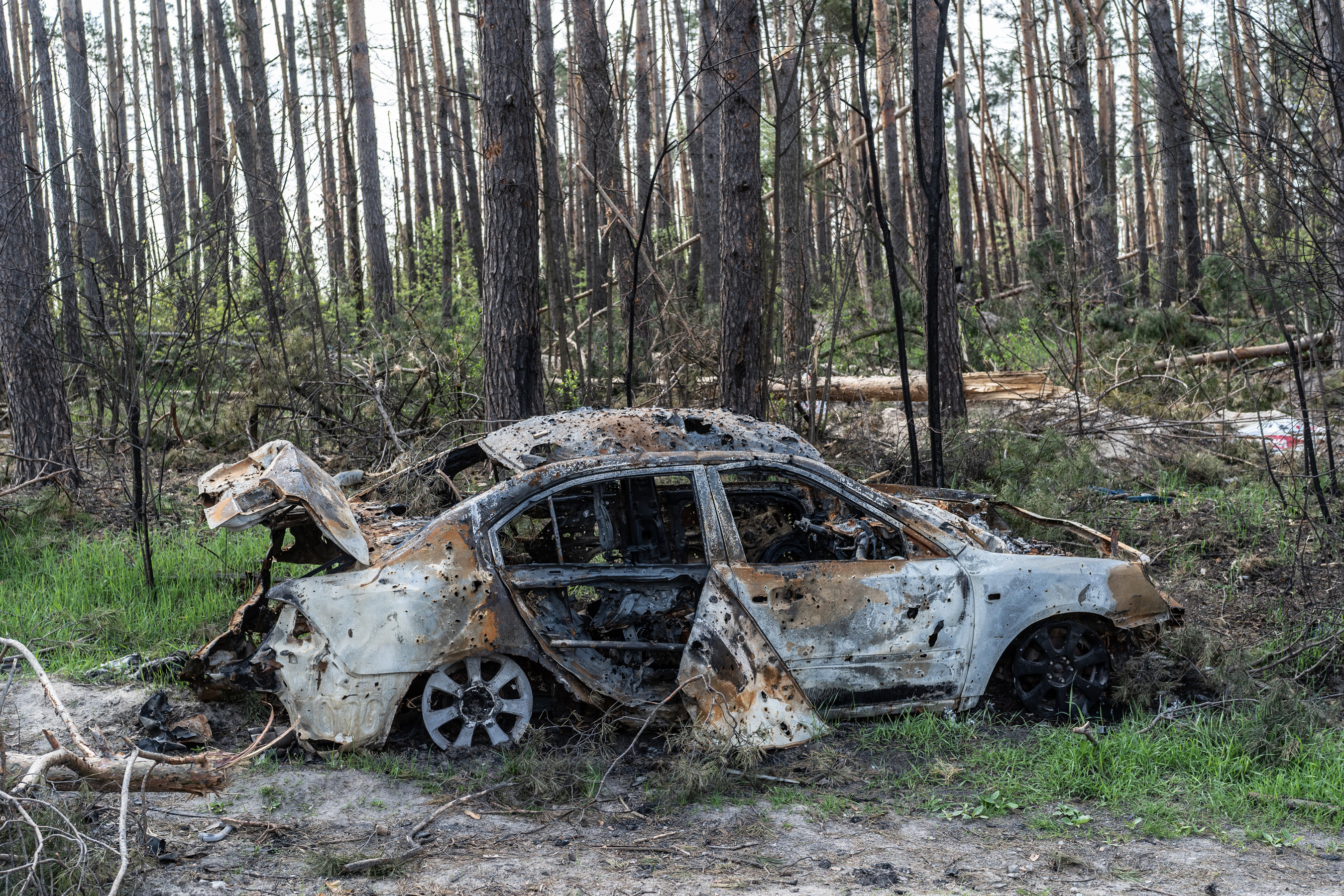Pahoin vaurioitunut auto on jäänyt ruostumaan metsään Ukrainassa.