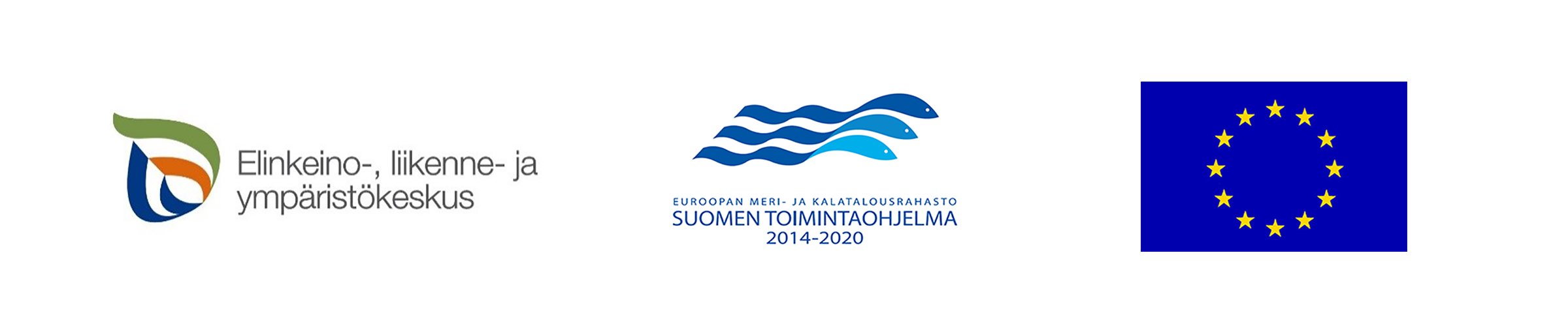 Kuvassa vierekkäin Elinkeino- liikenne- ja ympäristökeskuksen, Euroopan meri- ja kalatalousrahaston sekä EU:n logot.